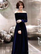 Royal Blue Classic Evening Dresses Velvet Long Sleeve Off Shoulder Prom Dresses