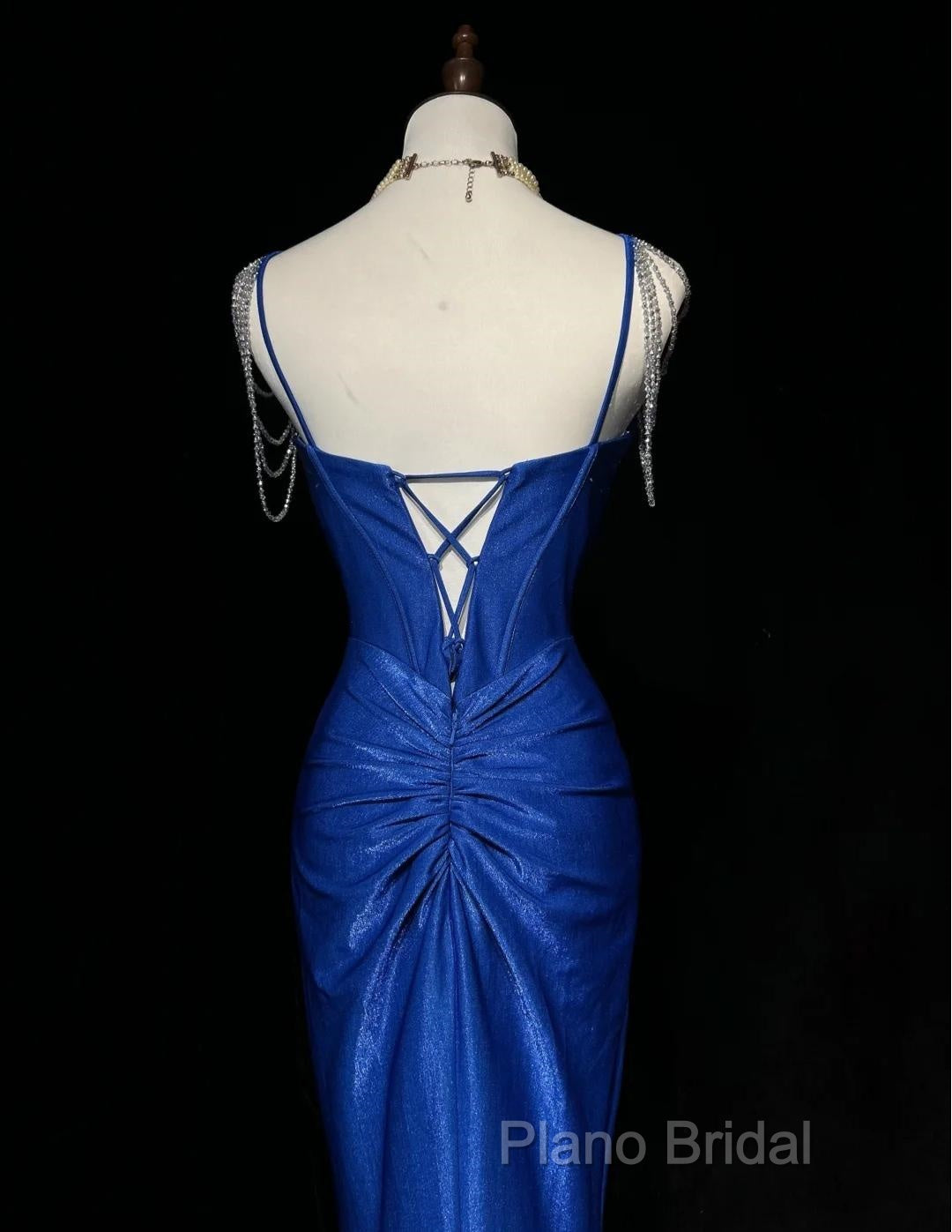 Royal Blue Elegant Mermaid Satin Spaghetti Strap Long Formal Prom Dresses Beaded Formal Gown