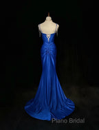Royal Blue Elegant Mermaid Satin Spaghetti Strap Long Formal Prom Dresses Beaded Formal Gown