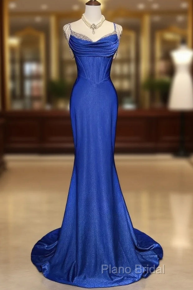Royal Blue Elegant Mermaid Satin Spaghetti Strap Long Formal Prom Dresses Beaded Formal Gown Main image
