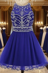 Royal Blue Homecoming Dresses , Tulle Beaded Party Dresses, Cute Party Dresses
