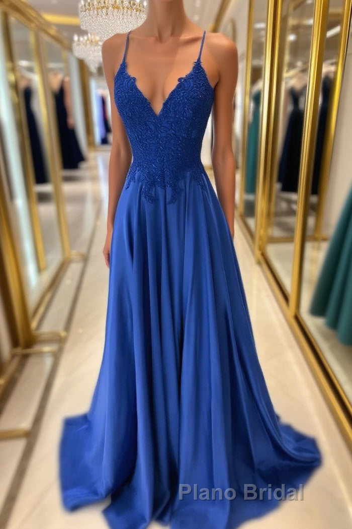 Royal blue lace satin long Formal Prom dress blue formal dress Main image