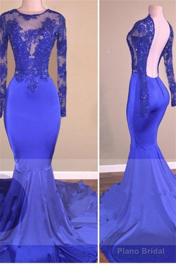 Royal-Blue Long-Sleeves Open-Back Mermaid Charming Sheer Prom Dresses Main image