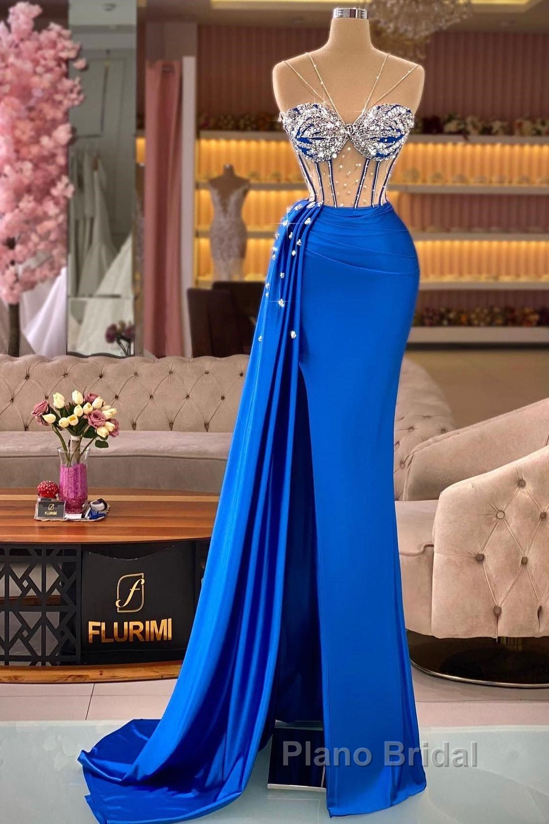 Royal Blue Mermaid Beading See Through Formal Prom Dresses Secondary image