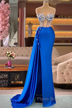 Royal Blue Mermaid Beading See Through Formal Prom Dresses