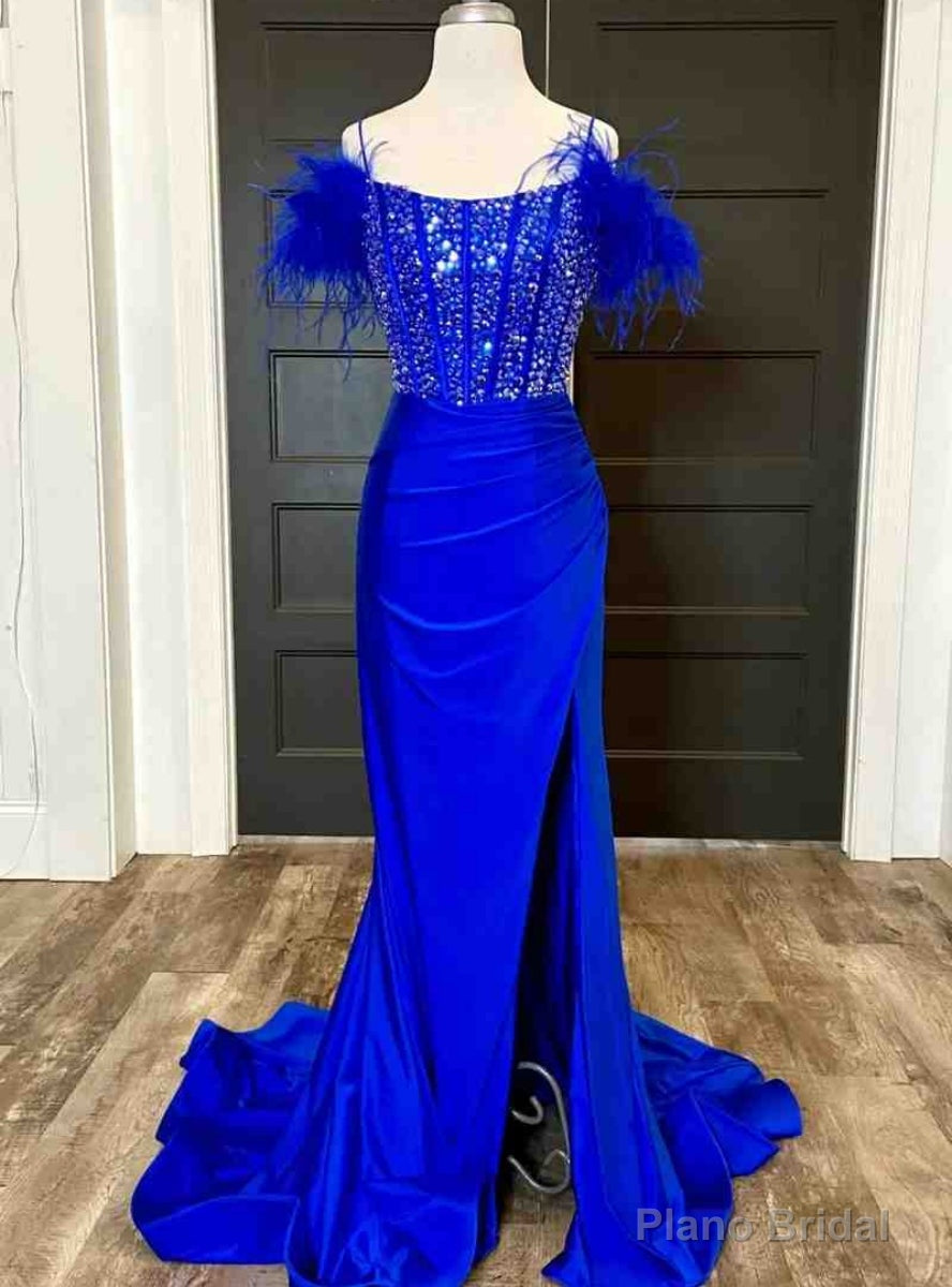 Royal Blue Mermaid Crystal Feather Prom Dress Main image