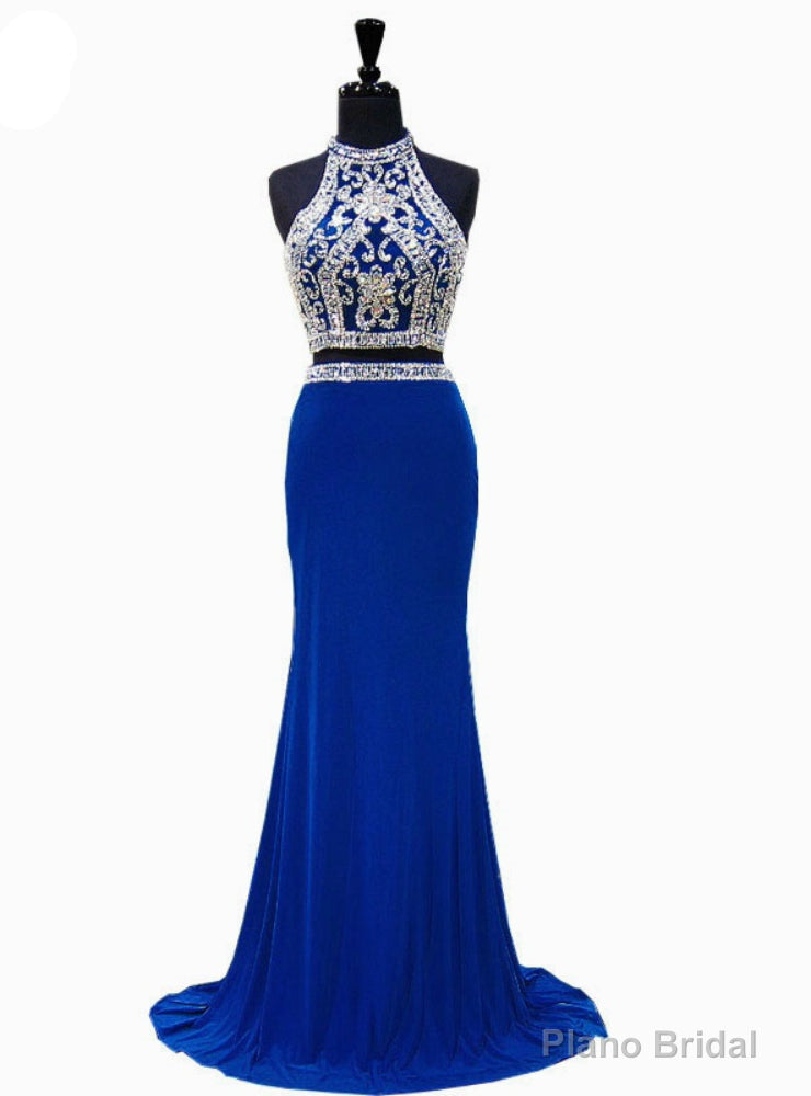 Royal Blue Mermaid High Neck Beaded Crystals Floor Length Prom Dress Main image