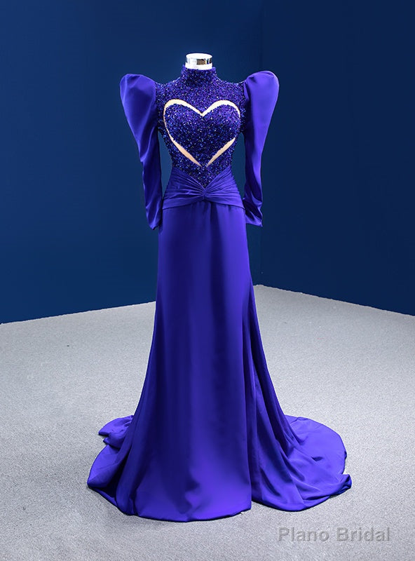 Royal Blue Mermaid Long Sleeve High Neck Beading Prom Dress Main image
