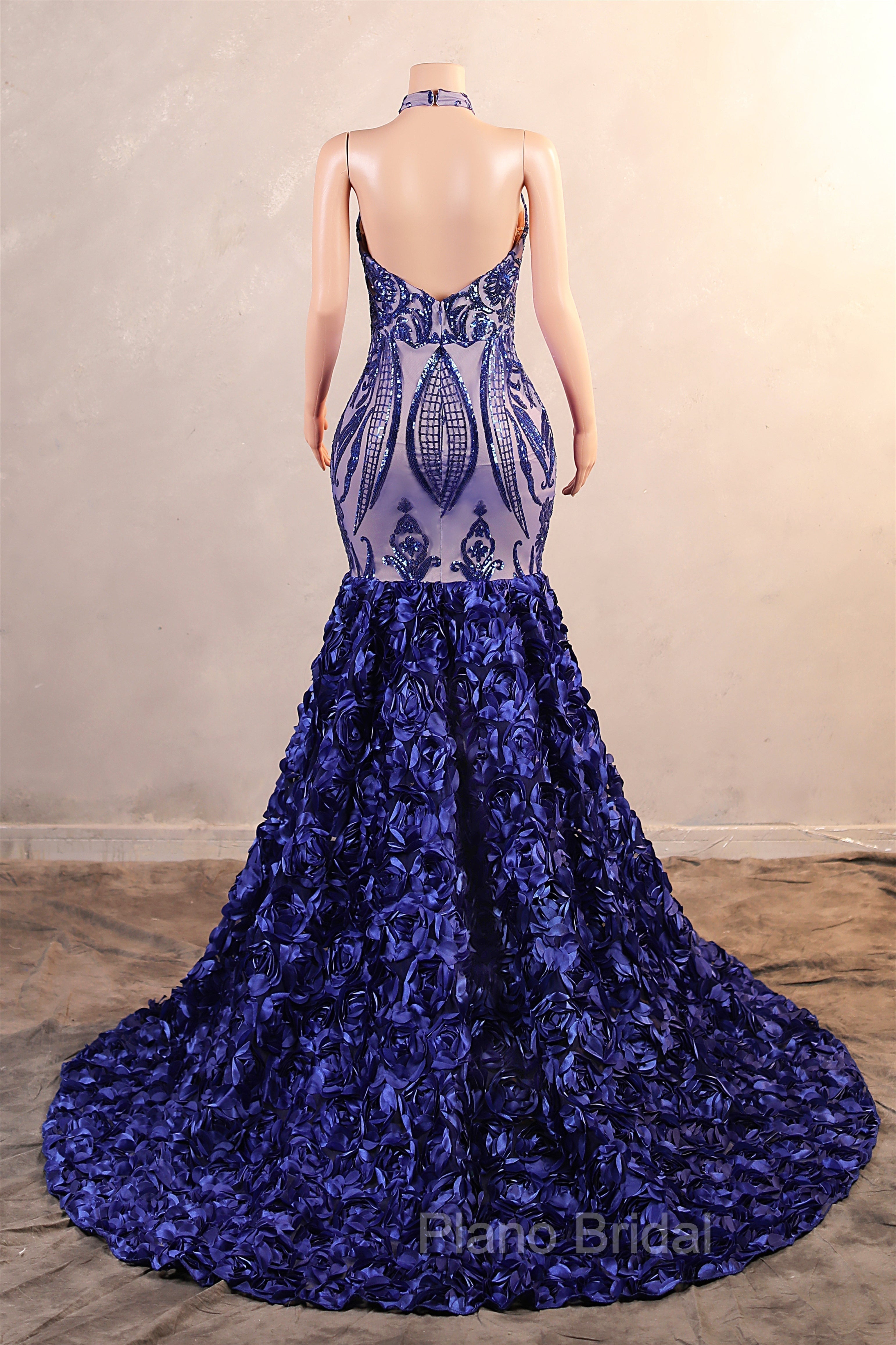 Royal Blue Mermaid Formal Prom Dresses Sequined Lace Flowers Halter Neck Backless Long Gowns Secondary image