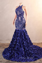 Royal Blue Mermaid Formal Prom Dresses Sequined Lace Flowers Halter Neck Backless Long Gowns