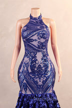 Royal Blue Mermaid Formal Prom Dresses Sequined Lace Flowers Halter Neck Backless Long Gowns