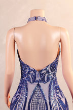 Royal Blue Mermaid Formal Prom Dresses Sequined Lace Flowers Halter Neck Backless Long Gowns