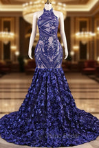Royal Blue Mermaid Formal Prom Dresses Sequined Lace Flowers Halter Neck Backless Long Gowns