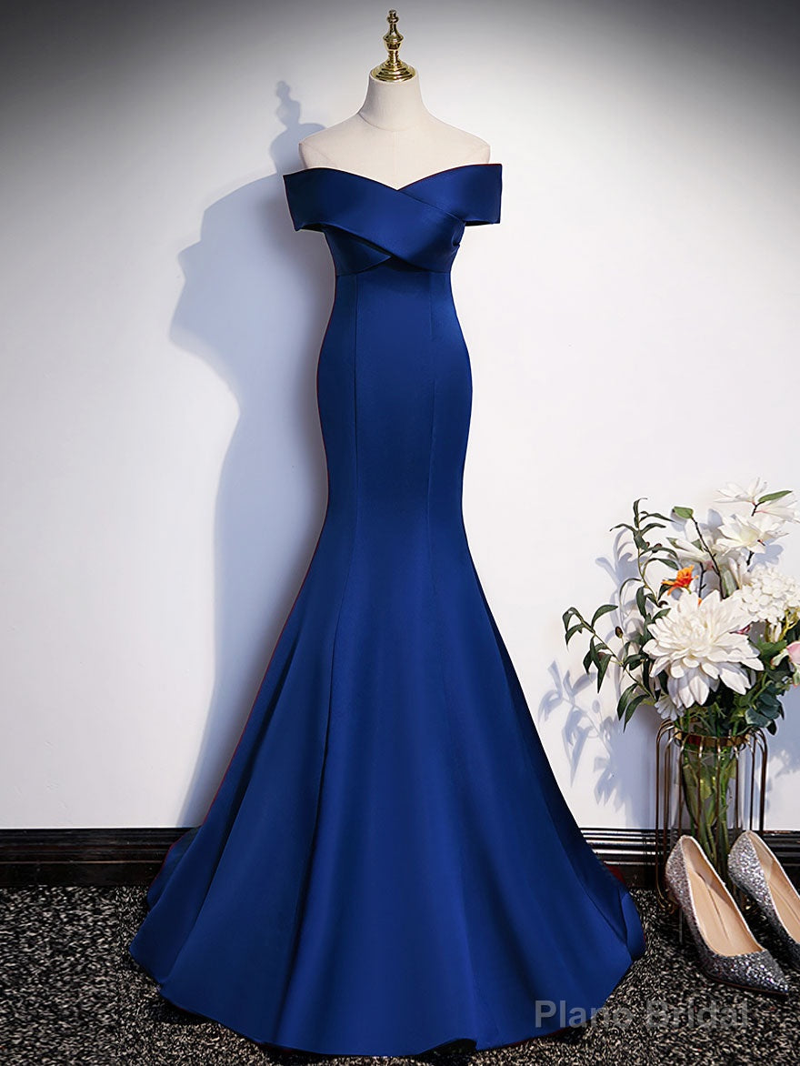 Royal Blue Mermaid Satin Long Prom Dress, Off Shoulder Blue Evening Dress Secondary image