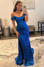 Royal Blue Off Shoulder Mermaid Prom Dress with Slit