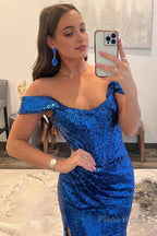 Royal Blue Off Shoulder Mermaid Prom Dress with Slit