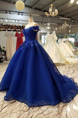 Royal Blue Off-The-Shoulder Formal Dresses, Appliques Formal Prom Dresses