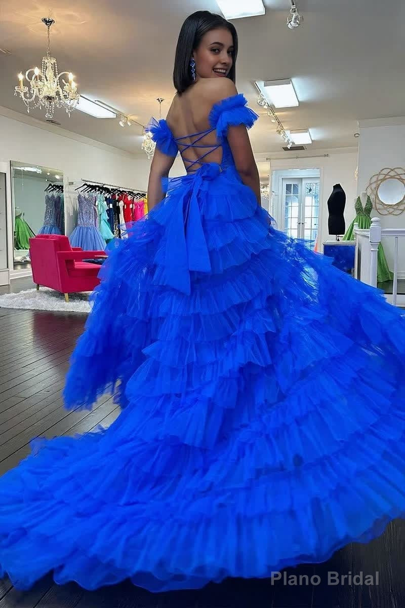 Royal Blue Off the Shoulder Ruffle Tiered Tulle Long Prom Dresses with Slit Secondary image