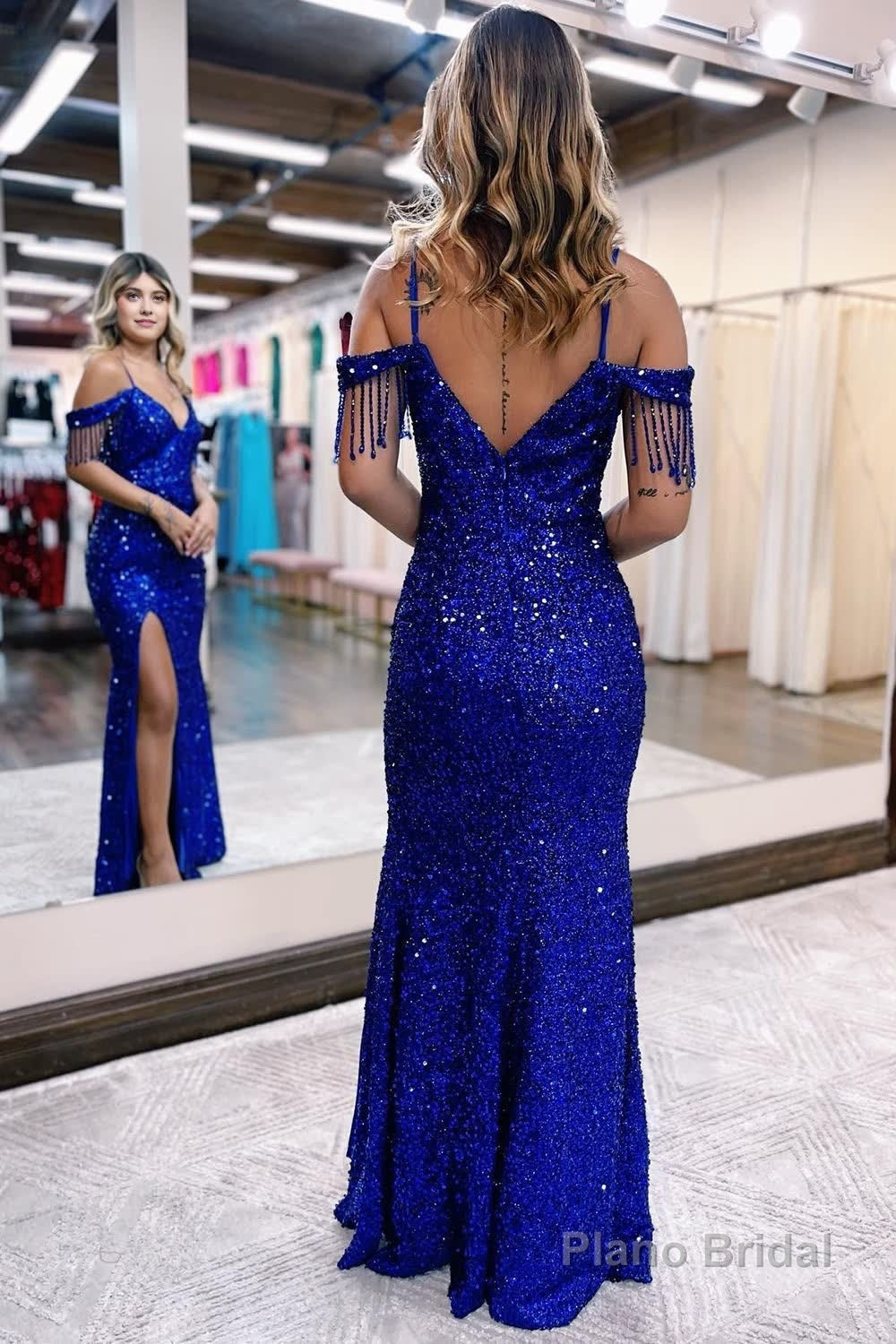 Royal Blue Off the Shoulder Sequins Sheath Prom Dress with Fringes Secondary image