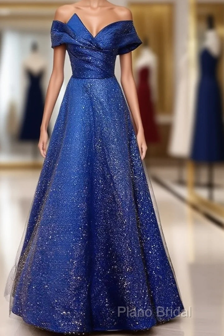 Royal Blue Off The Shoulder V-Neck Long Formal Prom Dresses Formal Dresses, Main image