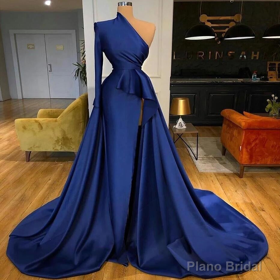 Royal Blue One Shoulder Long Sleeves Slit Prom Dress Overskirt Secondary image