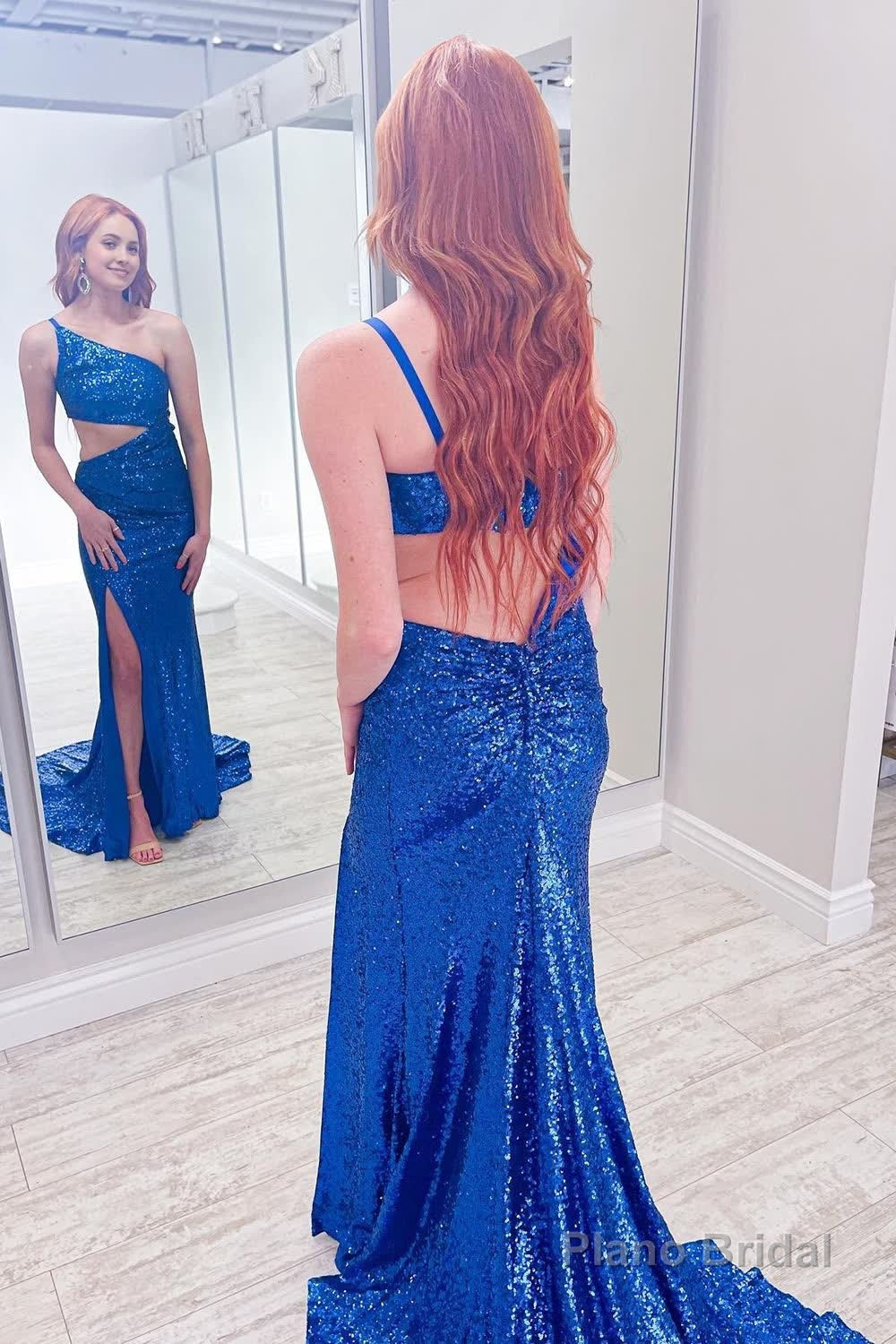 Royal Blue One Shoulder Sequins Prom Dress with Slit Secondary image