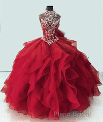 Royal Blue Organza High Neck Quinceanera Dresses Burgundy Formal Prom Dresses
