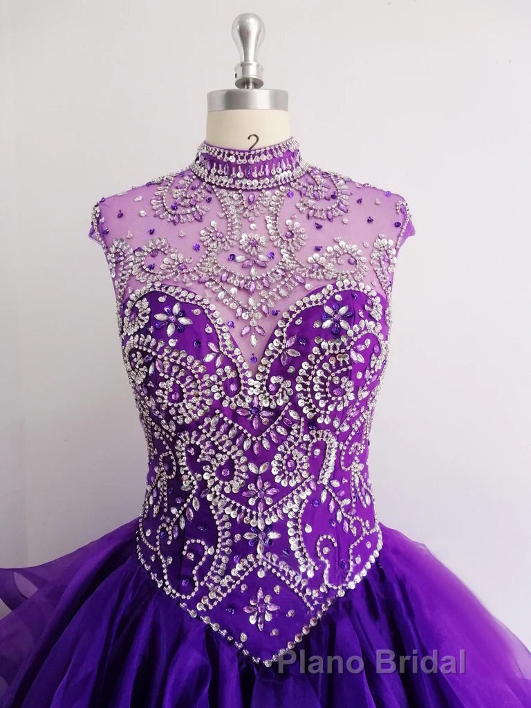 Royal Blue Organza High Neck Quinceanera Dresses Burgundy Formal Prom Dresses