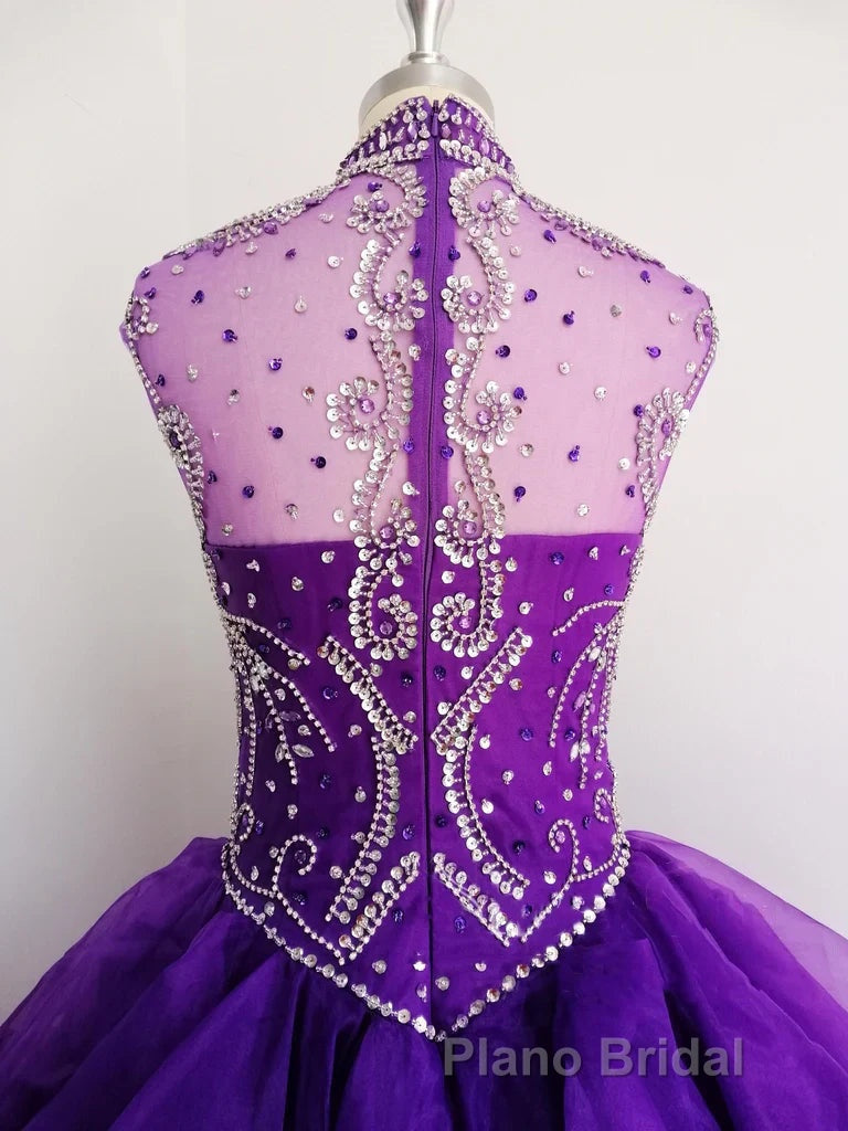 Royal Blue Organza High Neck Quinceanera Dresses Burgundy Formal Prom Dresses