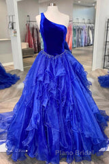 Royal Blue Formal Prom Dress A Line One Shoulder Long Party Evening Dress with Beading
