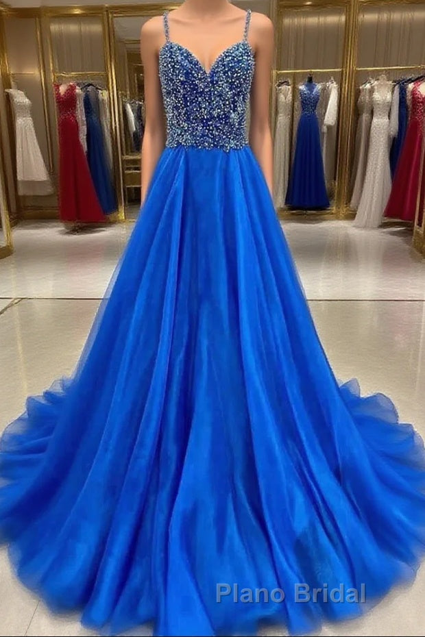 Royal Blue Formal Prom Dress A Line Spaghetti Straps Long Party Evening Dress with Beading Main image