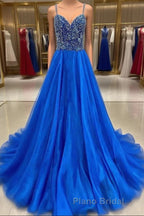 Royal Blue Formal Prom Dress A Line Spaghetti Straps Long Party Evening Dress with Beading