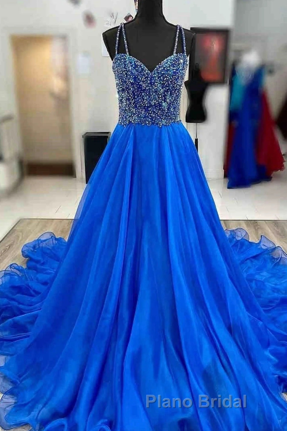 Royal Blue Formal Prom Dress A Line Spaghetti Straps Long Party Evening Dress with Beading