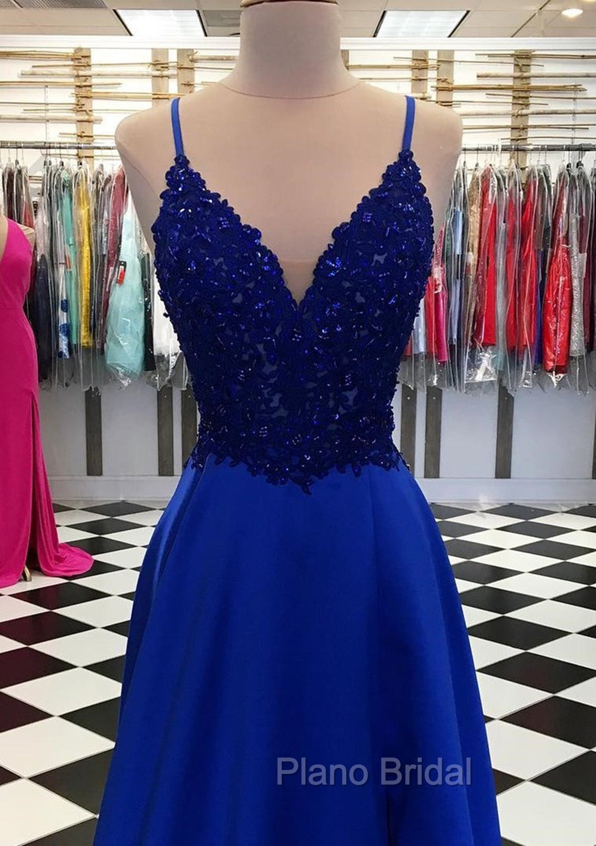 Royal Blue Formal Prom Dresses, A-line V Neck Regular Straps Long/Floor-Length Satin Formal Prom Dresses With Appliqued Beading Secondary image