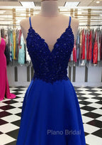 Royal Blue Formal Prom Dresses, A-line V Neck Regular Straps Long/Floor-Length Satin Formal Prom Dresses With Appliqued Beading