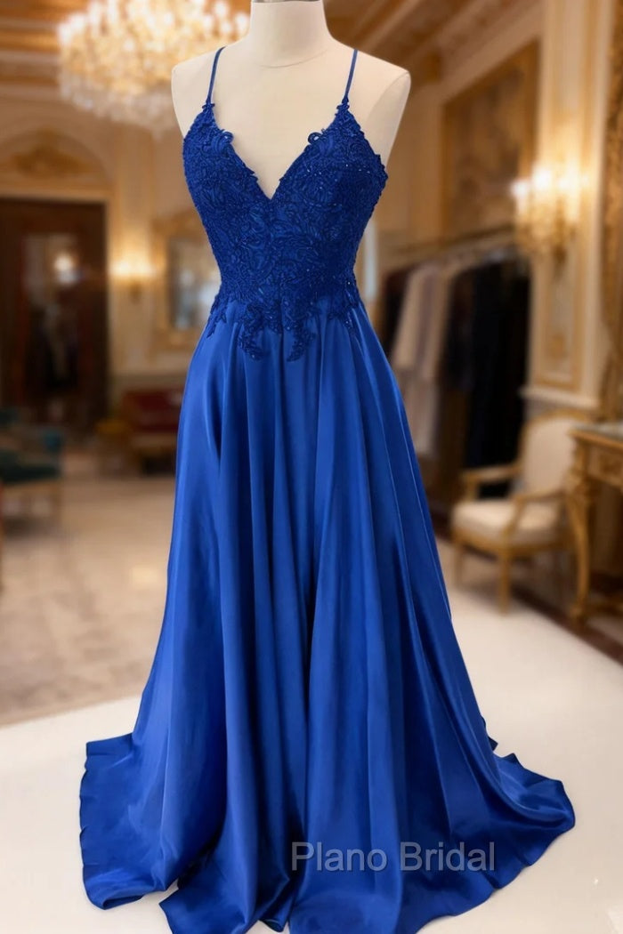 Royal Blue Formal Prom Dresses, A-line V Neck Sleeveless Long/Floor-Length Charmeuse Formal Prom Dresses With Appliqued Beading Lace