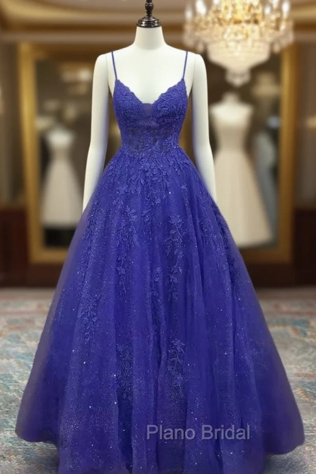 Royal Blue Formal Prom Dresses, A-line V Neck Spaghetti Straps Long/Floor-Length Tulle Formal Prom Dresses With Appliqued Beading Glitter
