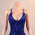 Royal Blue Prom Dresses Sequin Mermaid Long Evening Dresses Floor Length Sleeveless Spaghetti Strap with Feather