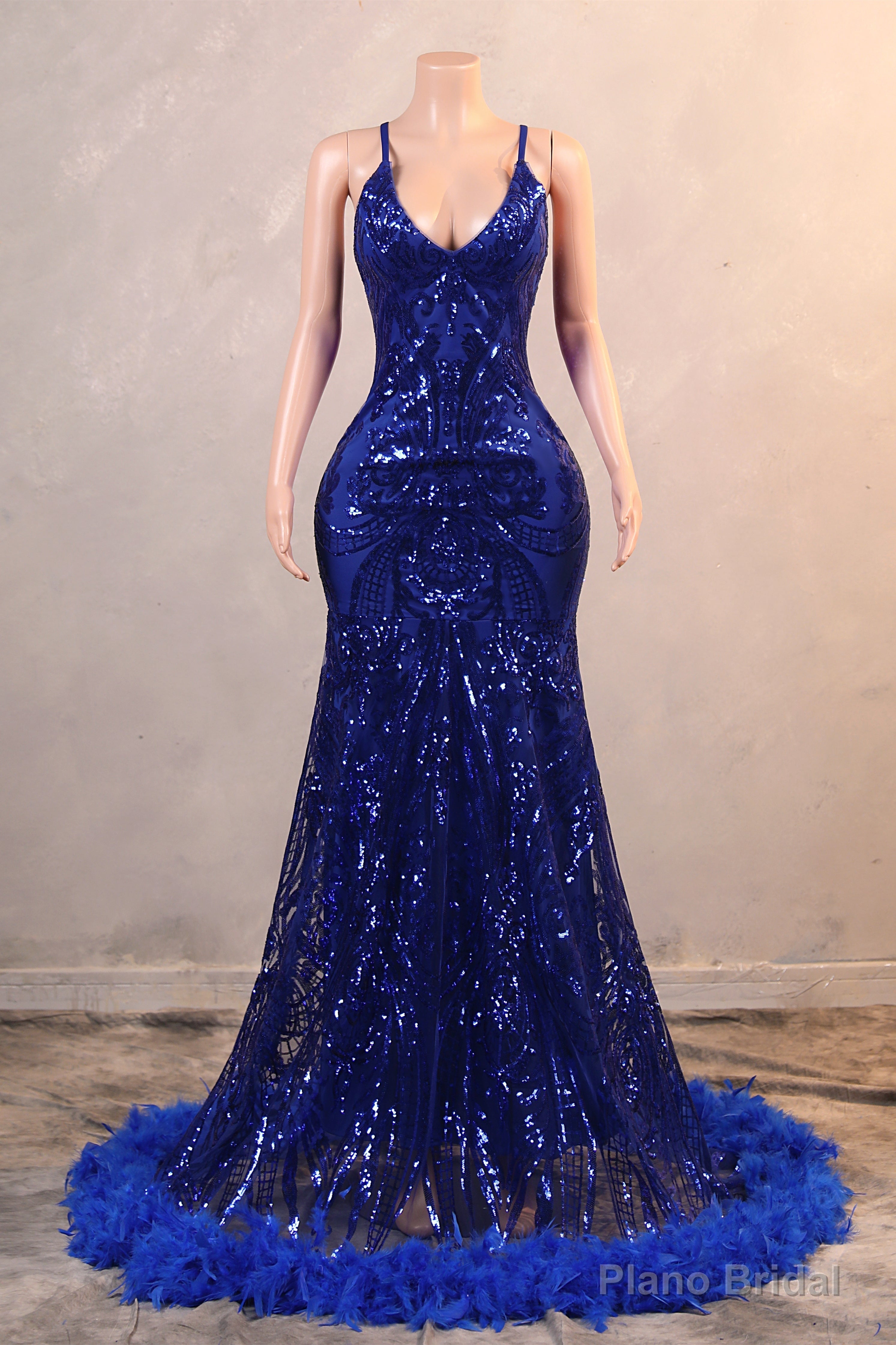 Royal Blue Prom Dresses Sequin Mermaid Long Evening Dresses Floor Length Sleeveless Spaghetti Strap with Feather Main image