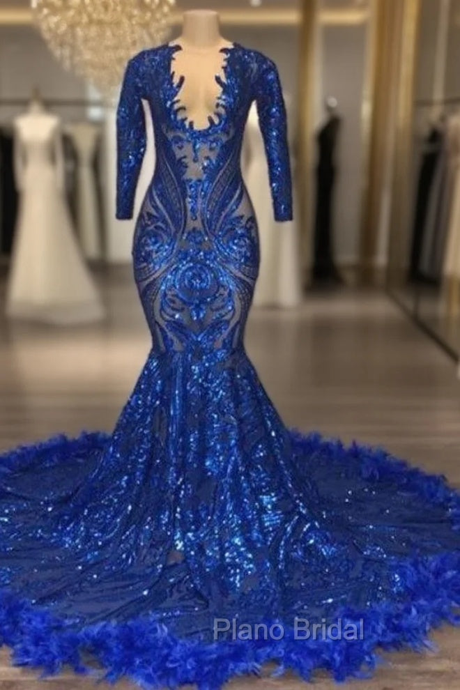 Royal Blue Robe De Soiree Mermaid V-Neck Long Sleeves Appliques Feather Long Formal Prom Dresses Formal Prom Gown Evening Dresses Main image