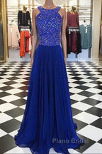 Royal Blue Round Neck Long Formal Prom Dresses, Blue Evening Dresses