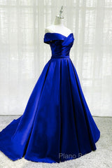 Royal Blue Satin A-Line Long Party Dresses, Simple Long Formal Prom Dresses Formal Dresses