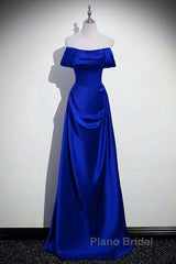 Royal Blue Satin A-Line Simple Long Party Dresses, Royal Blue Satin Floor Length Formal Prom Dresses