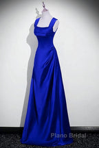 Royal Blue Satin A-Line Simple Long Party Dresses, Royal Blue Satin Floor Length Formal Prom Dresses