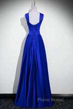 Royal Blue Satin A-Line Simple Long Party Dresses, Royal Blue Satin Floor Length Formal Prom Dresses