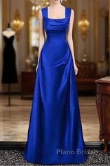 Royal Blue Satin A-Line Simple Long Party Dresses, Royal Blue Satin Floor Length Formal Prom Dresses