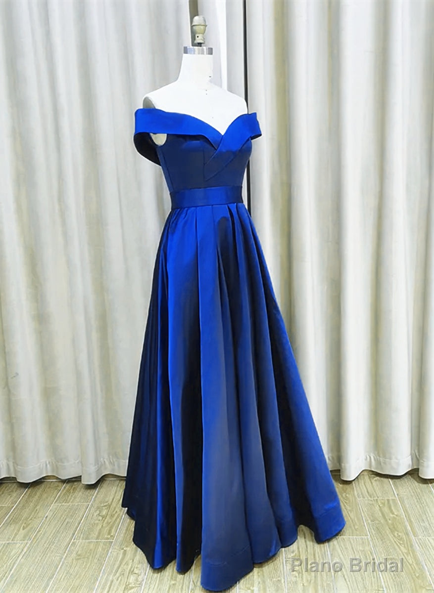 Royal Blue Satin A-line Simple Off Shoulder Prom Dress, Blue Bridesmaid Dress Main image