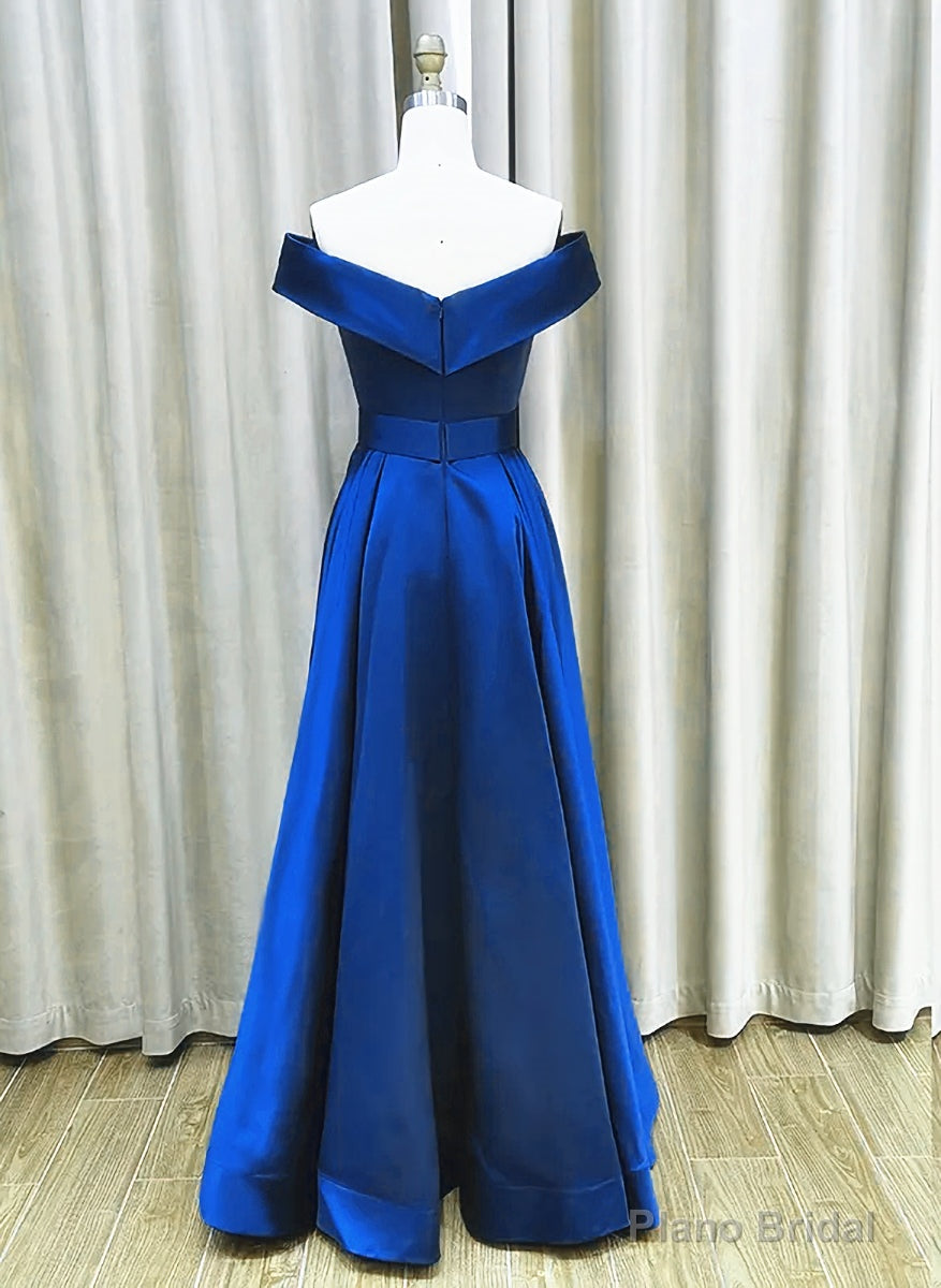 Royal Blue Satin A-line Simple Off Shoulder Prom Dress, Blue Bridesmaid Dress Secondary image