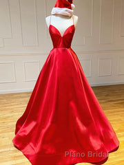 Royal Blue Satin A Line V Neck Long Formal Prom Dresses