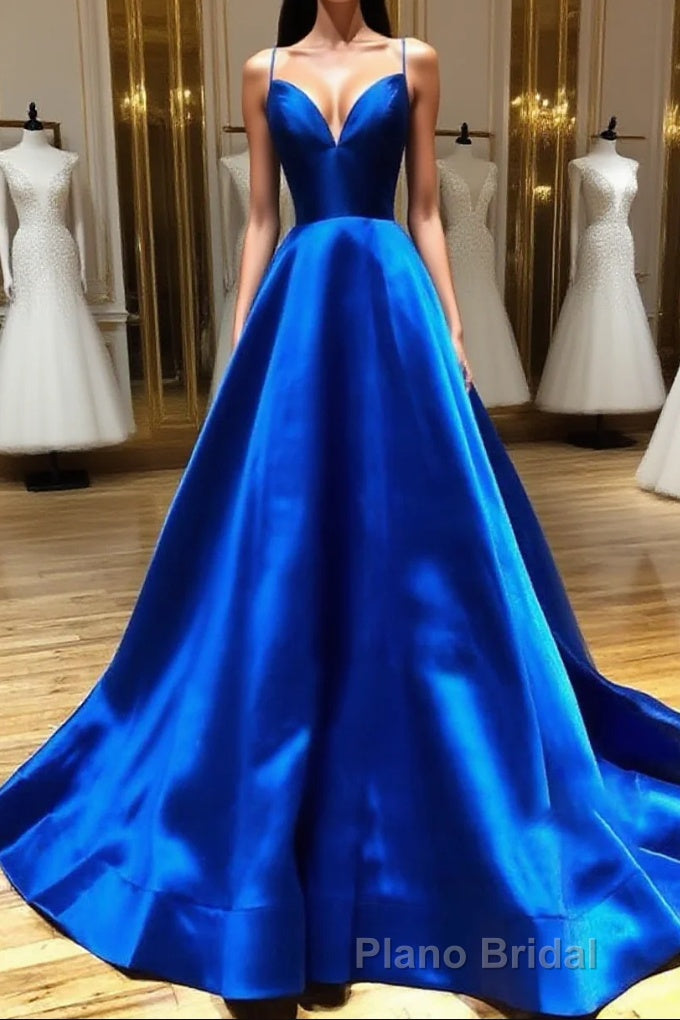 Royal Blue Satin A Line V Neck Long Formal Prom Dresses Main image